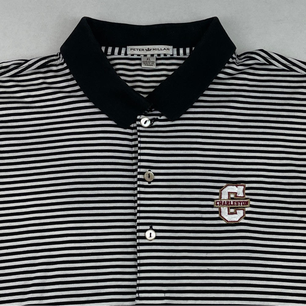 Peter Millar Black and White Striped Polo with Charleston Patch